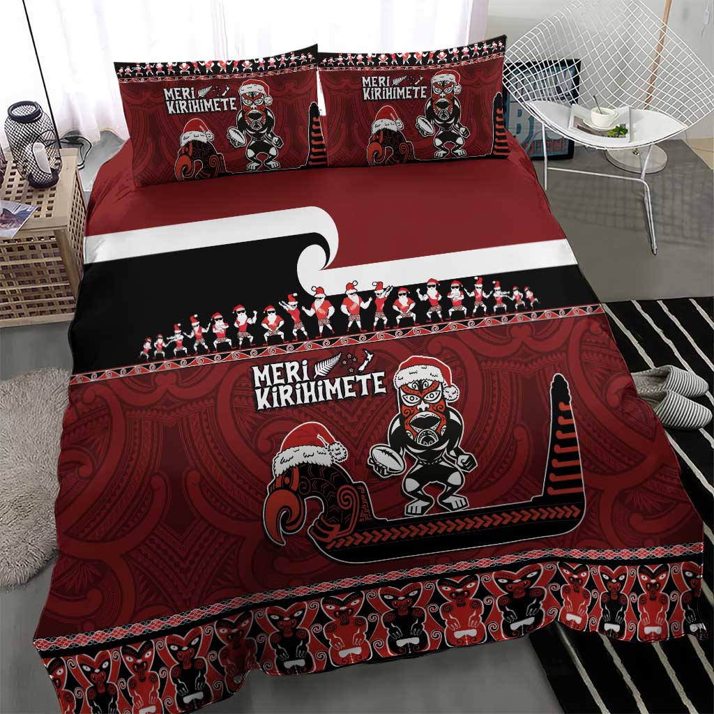 New Zealand Christmas Bedding Set Meri Kirihimete Aotearoa Warrior on Waka with Maori Art Tattoo LT03 - Polynesian Pride