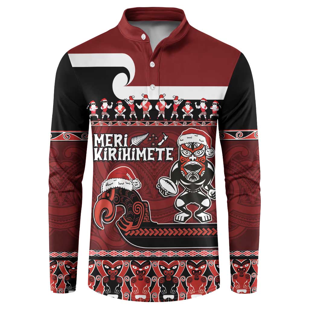 New Zealand Christmas Button Sweatshirt Meri Kirihimete Aotearoa Warrior on Waka with Maori Art Tattoo LT03 Red - Polynesian Pride