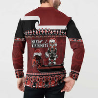 New Zealand Christmas Button Sweatshirt Meri Kirihimete Aotearoa Warrior on Waka with Maori Art Tattoo LT03 - Polynesian Pride