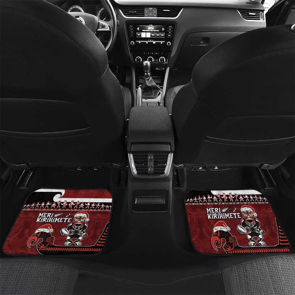 New Zealand Christmas Car Mats Meri Kirihimete Aotearoa Warrior on Waka with Maori Art Tattoo LT03 Set 2pcs - Back Red - Polynesian Pride