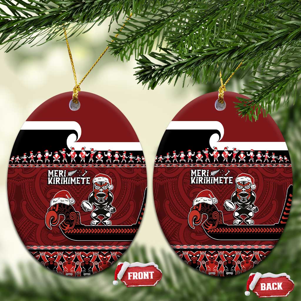 New Zealand Christmas Ceramic Ornament - Meri Kirihimete Aotearoa Warrior on Waka with Maori Art Tattoo LT03 Oval Red - Polynesian Pride