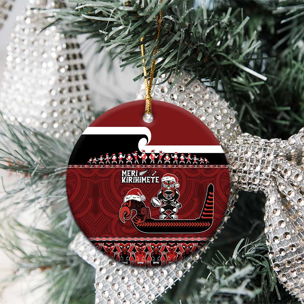 New Zealand Christmas Ceramic Ornament - Meri Kirihimete Aotearoa Warrior on Waka with Maori Art Tattoo LT03 - Polynesian Pride