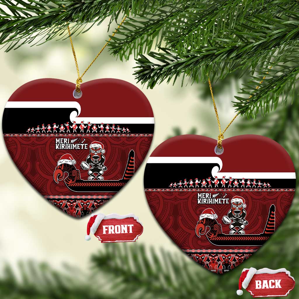 New Zealand Christmas Ceramic Ornament - Meri Kirihimete Aotearoa Warrior on Waka with Maori Art Tattoo LT03 Heart Red - Polynesian Pride