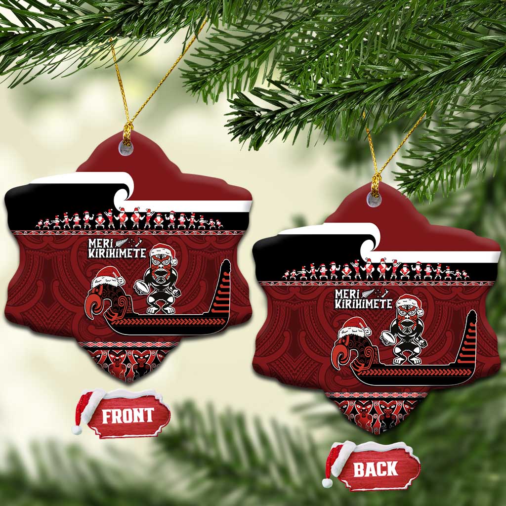 New Zealand Christmas Ceramic Ornament - Meri Kirihimete Aotearoa Warrior on Waka with Maori Art Tattoo LT03 Snow Flake Red - Polynesian Pride