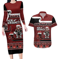 New Zealand Christmas Couples Matching Long Sleeve Bodycon Dress and Hawaiian Shirt Meri Kirihimete Aotearoa Warrior on Waka with Maori Art Tattoo LT03 Red - Polynesian Pride