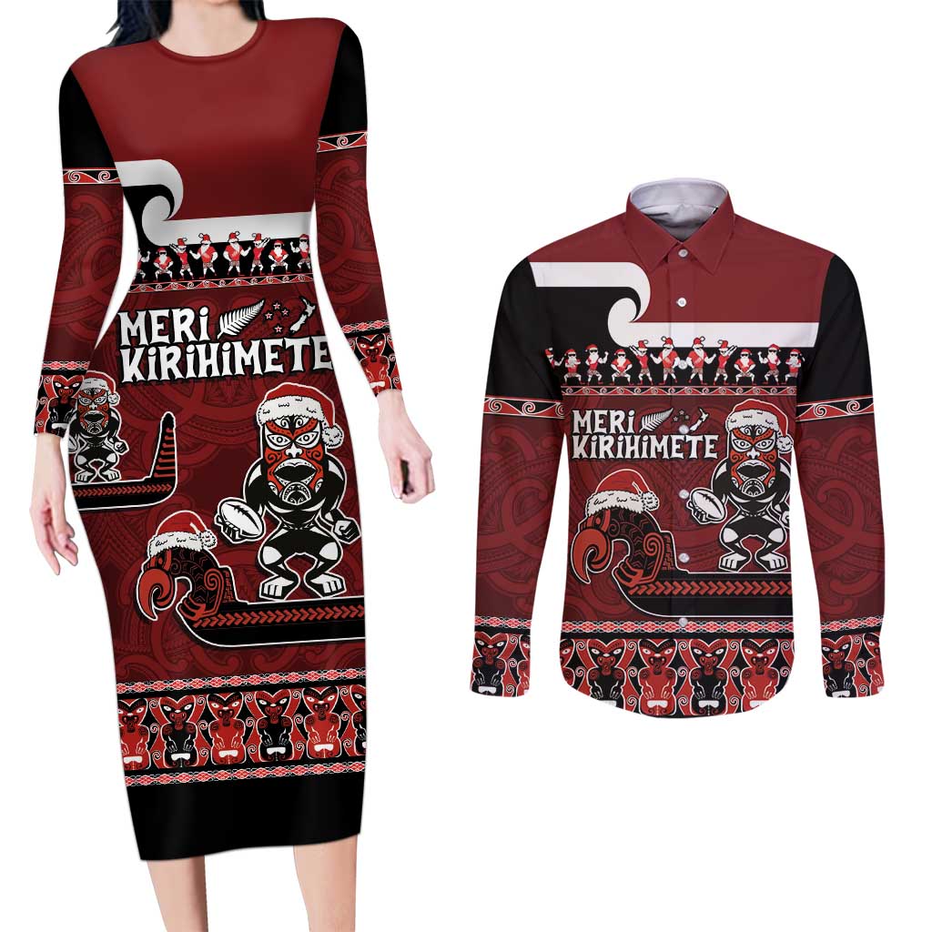 New Zealand Christmas Couples Matching Long Sleeve Bodycon Dress and Long Sleeve Button Shirt Meri Kirihimete Aotearoa Warrior on Waka with Maori Art Tattoo LT03 Red - Polynesian Pride