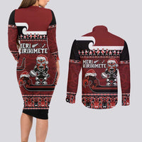 New Zealand Christmas Couples Matching Long Sleeve Bodycon Dress and Long Sleeve Button Shirt Meri Kirihimete Aotearoa Warrior on Waka with Maori Art Tattoo LT03 - Polynesian Pride