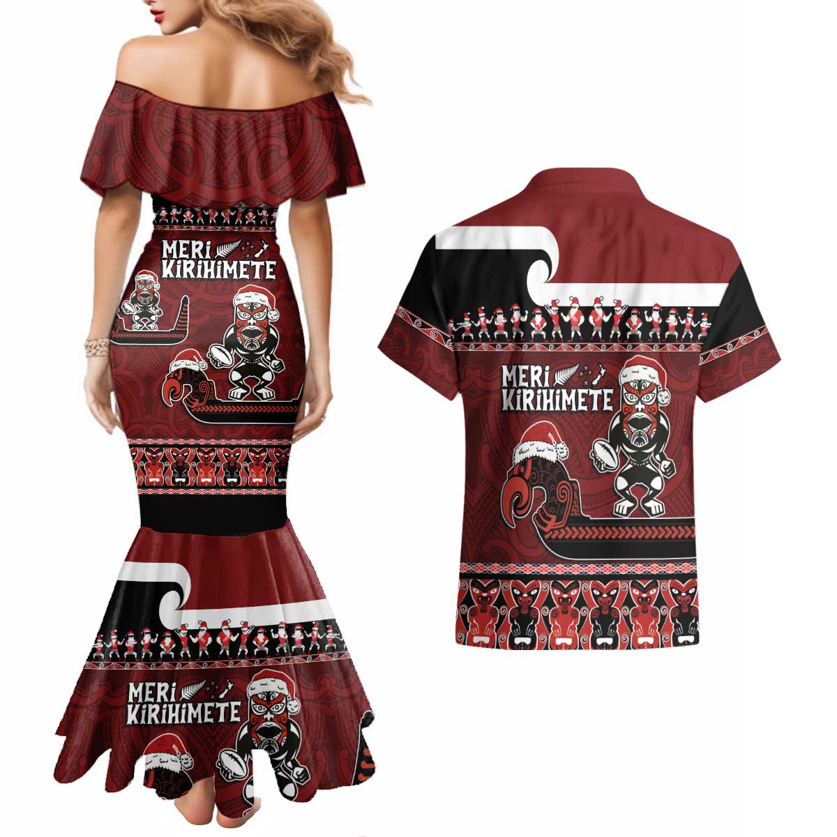 New Zealand Christmas Couples Matching Mermaid Dress and Hawaiian Shirt Meri Kirihimete Aotearoa Warrior on Waka with Maori Art Tattoo LT03 - Polynesian Pride