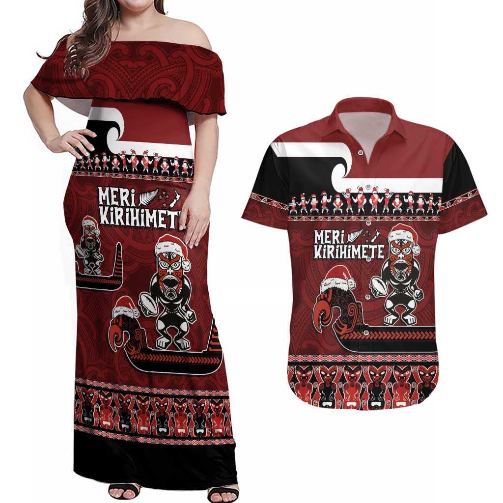 New Zealand Christmas Couples Matching Off Shoulder Maxi Dress and Hawaiian Shirt Meri Kirihimete Aotearoa Warrior on Waka with Maori Art Tattoo LT03 Red - Polynesian Pride
