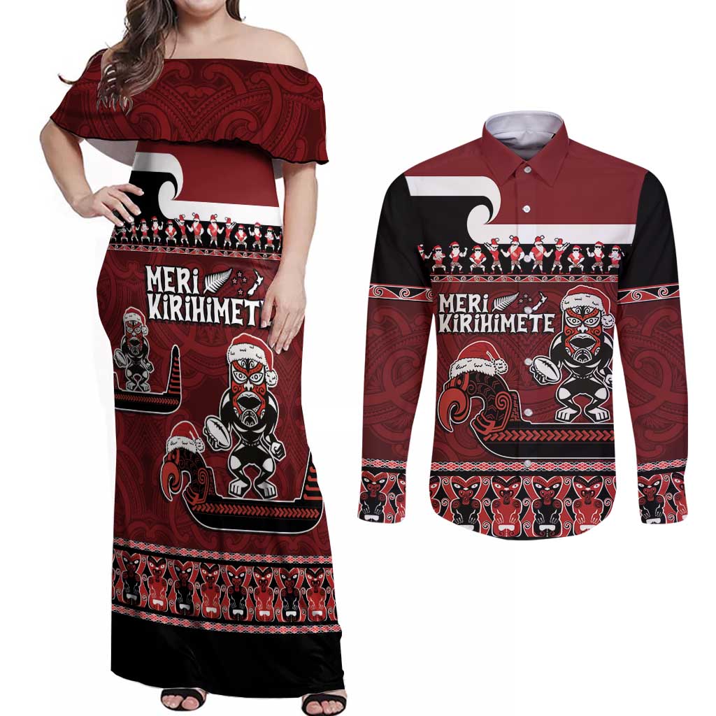New Zealand Christmas Couples Matching Off Shoulder Maxi Dress and Long Sleeve Button Shirt Meri Kirihimete Aotearoa Warrior on Waka with Maori Art Tattoo LT03 Red - Polynesian Pride