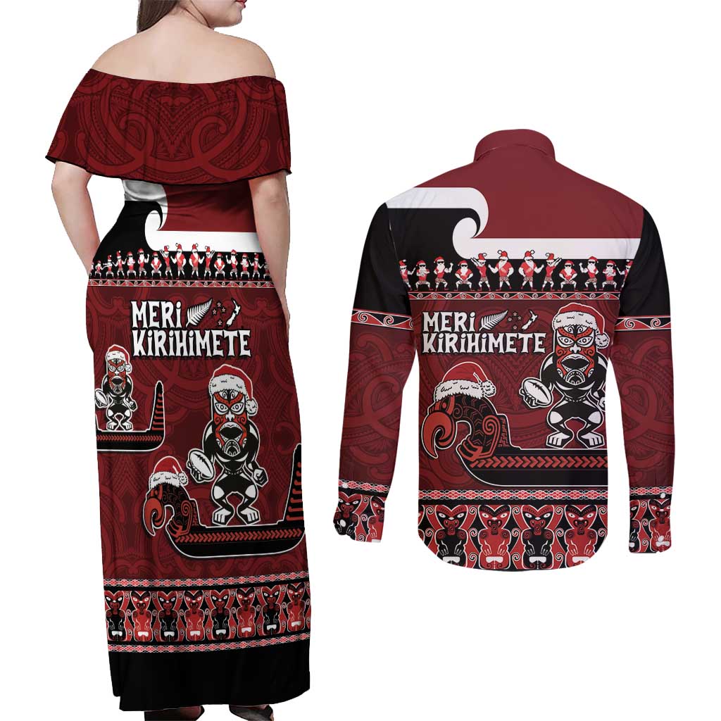New Zealand Christmas Couples Matching Off Shoulder Maxi Dress and Long Sleeve Button Shirt Meri Kirihimete Aotearoa Warrior on Waka with Maori Art Tattoo LT03 - Polynesian Pride