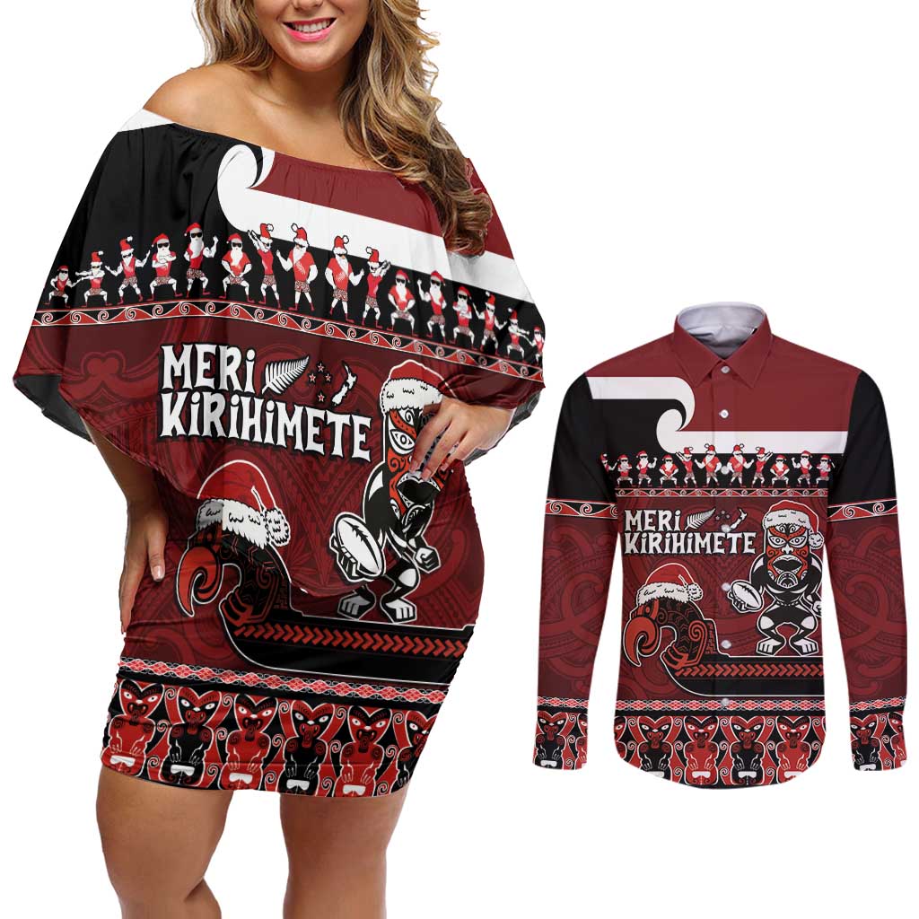 New Zealand Christmas Couples Matching Off Shoulder Short Dress and Long Sleeve Button Shirt Meri Kirihimete Aotearoa Warrior on Waka with Maori Art Tattoo LT03 Red - Polynesian Pride