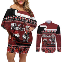 New Zealand Christmas Couples Matching Off Shoulder Short Dress and Long Sleeve Button Shirt Meri Kirihimete Aotearoa Warrior on Waka with Maori Art Tattoo LT03 Red - Polynesian Pride