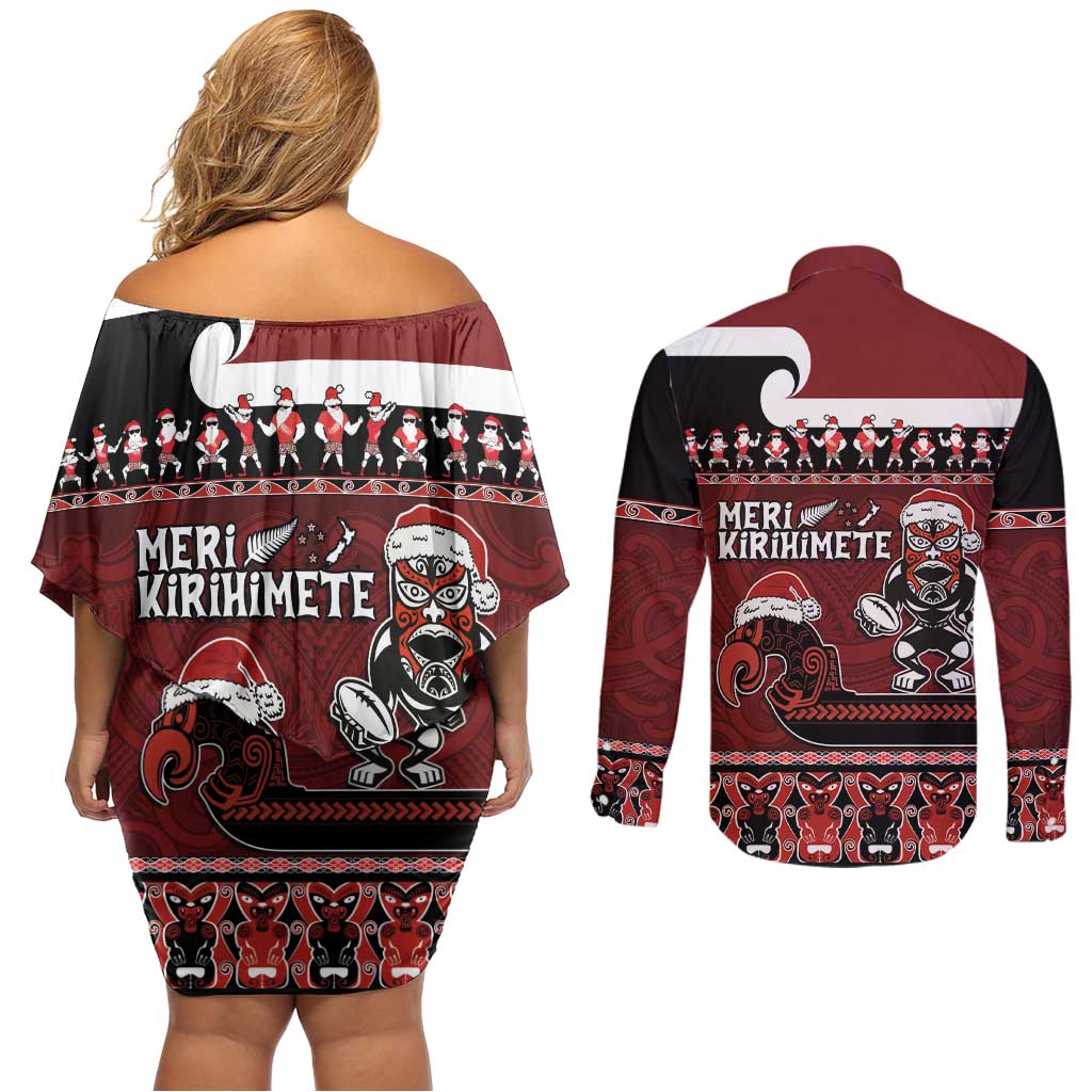 New Zealand Christmas Couples Matching Off Shoulder Short Dress and Long Sleeve Button Shirt Meri Kirihimete Aotearoa Warrior on Waka with Maori Art Tattoo LT03 - Polynesian Pride