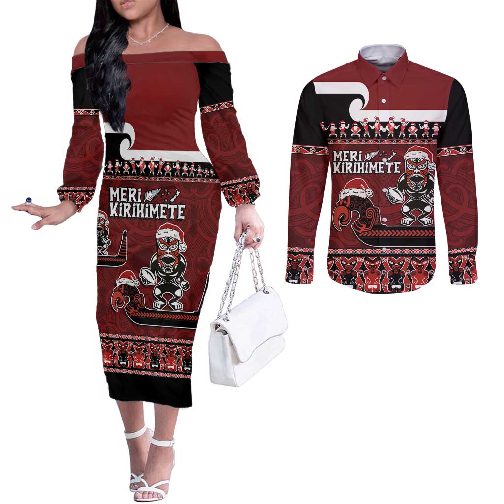 New Zealand Christmas Couples Matching Off The Shoulder Long Sleeve Dress and Long Sleeve Button Shirt Meri Kirihimete Aotearoa Warrior on Waka with Maori Art Tattoo LT03 Red - Polynesian Pride