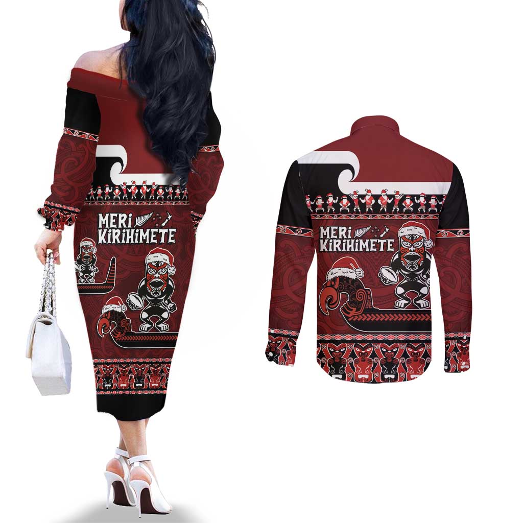 New Zealand Christmas Couples Matching Off The Shoulder Long Sleeve Dress and Long Sleeve Button Shirt Meri Kirihimete Aotearoa Warrior on Waka with Maori Art Tattoo LT03 - Polynesian Pride
