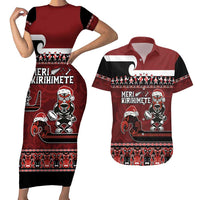 New Zealand Christmas Couples Matching Short Sleeve Bodycon Dress and Hawaiian Shirt Meri Kirihimete Aotearoa Warrior on Waka with Maori Art Tattoo LT03 Red - Polynesian Pride