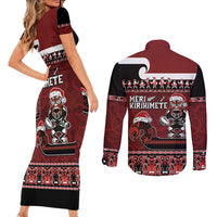 New Zealand Christmas Couples Matching Short Sleeve Bodycon Dress and Long Sleeve Button Shirt Meri Kirihimete Aotearoa Warrior on Waka with Maori Art Tattoo LT03 - Polynesian Pride