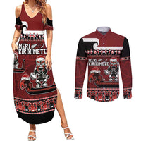 New Zealand Christmas Couples Matching Summer Maxi Dress and Long Sleeve Button Shirt Meri Kirihimete Aotearoa Warrior on Waka with Maori Art Tattoo LT03 Red - Polynesian Pride