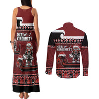 New Zealand Christmas Couples Matching Tank Maxi Dress and Long Sleeve Button Shirt Meri Kirihimete Aotearoa Warrior on Waka with Maori Art Tattoo LT03 - Polynesian Pride