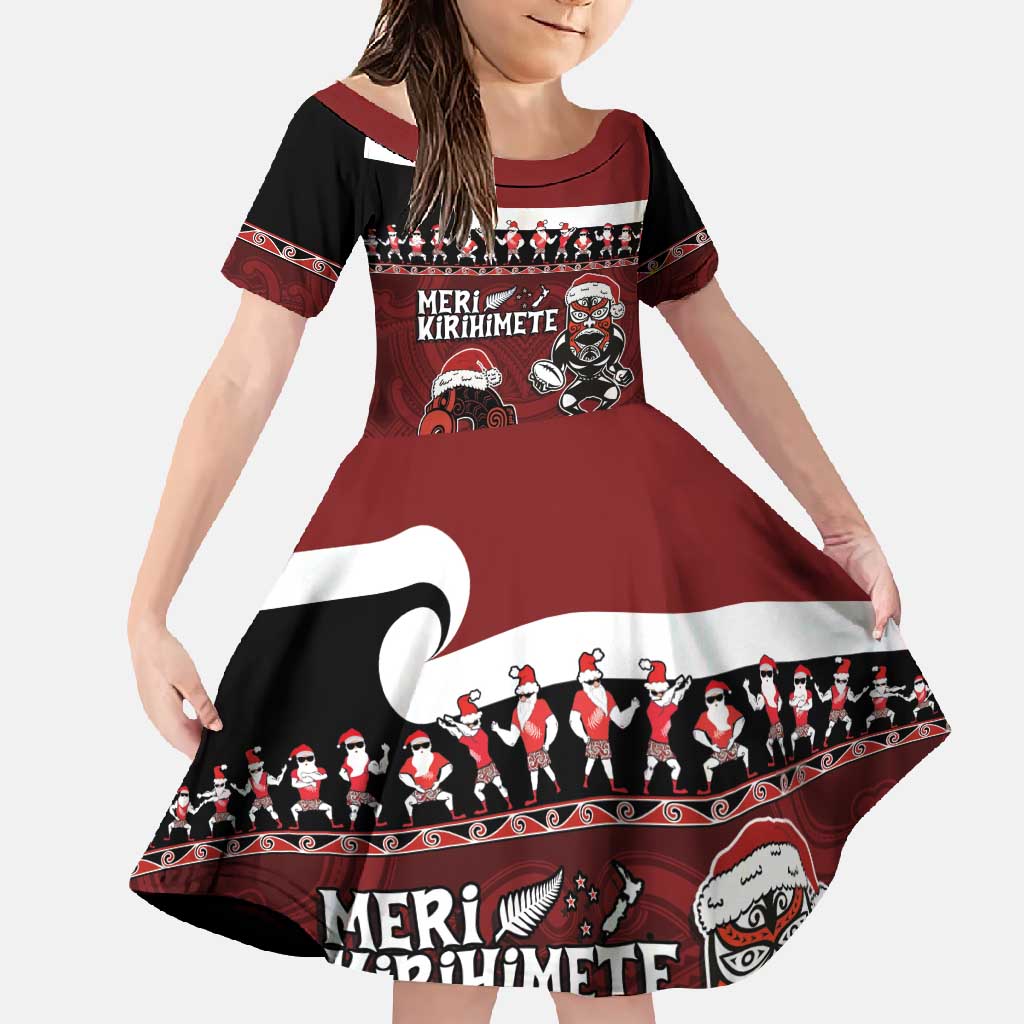 New Zealand Christmas Family Matching Long Sleeve Bodycon Dress and Hawaiian Shirt Meri Kirihimete Aotearoa Warrior on Waka with Maori Art Tattoo LT03 Daughter's Dress Red - Polynesian Pride