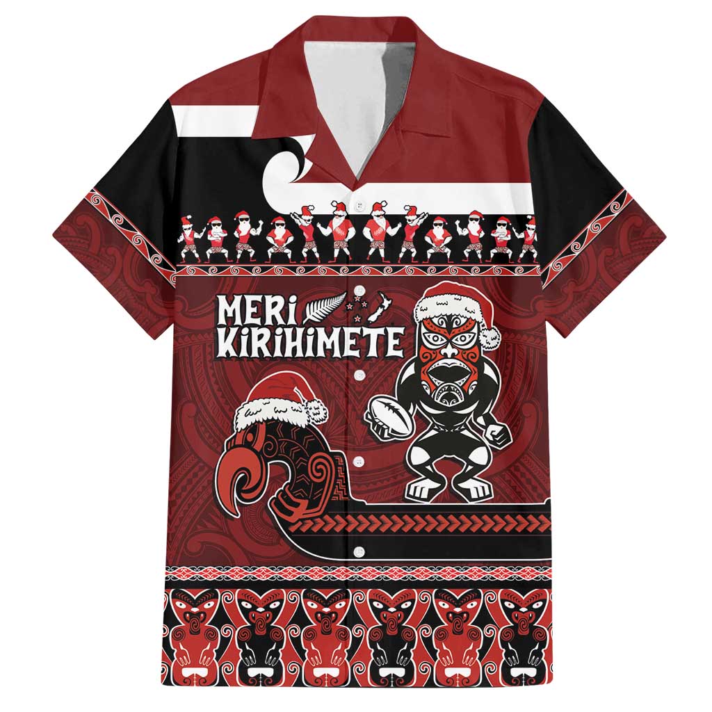 New Zealand Christmas Family Matching Long Sleeve Bodycon Dress and Hawaiian Shirt Meri Kirihimete Aotearoa Warrior on Waka with Maori Art Tattoo LT03 Dad's Shirt - Short Sleeve Red - Polynesian Pride