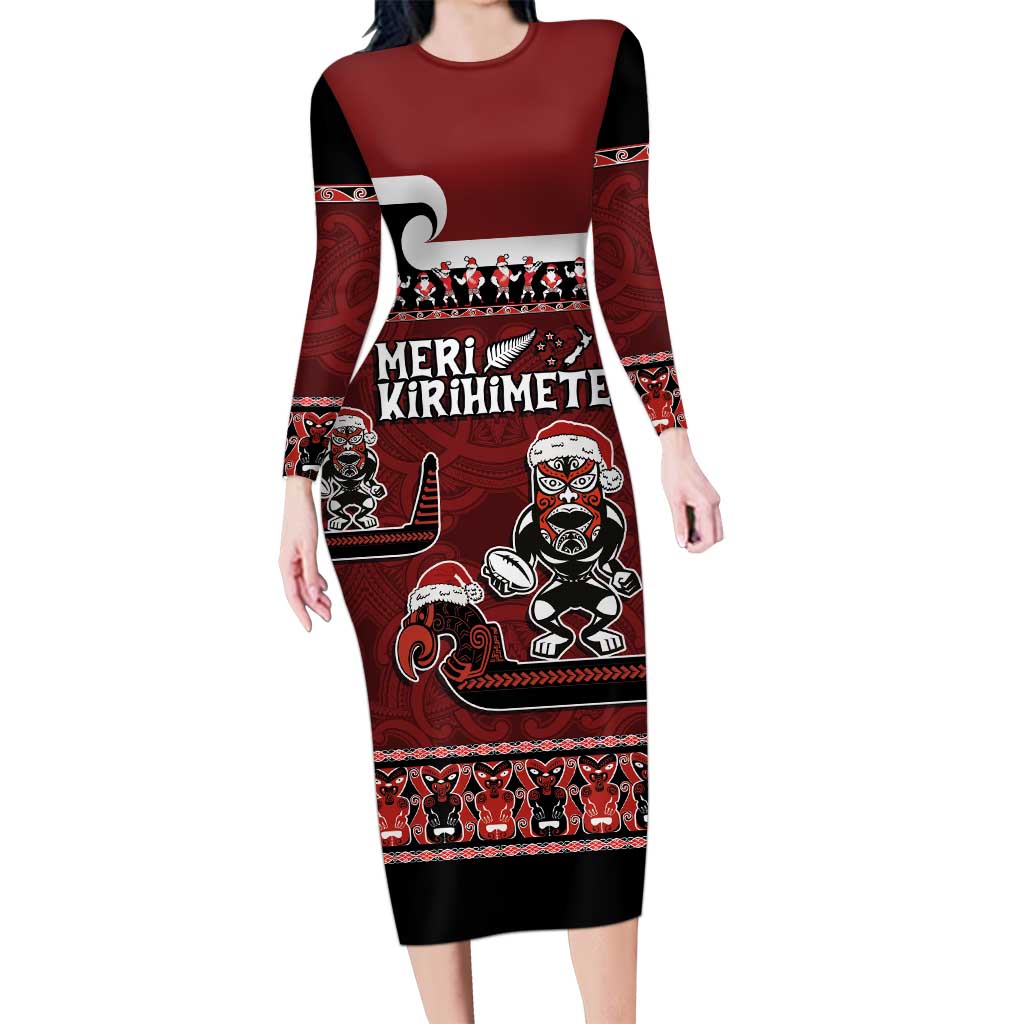 New Zealand Christmas Family Matching Long Sleeve Bodycon Dress and Hawaiian Shirt Meri Kirihimete Aotearoa Warrior on Waka with Maori Art Tattoo LT03 Mom's Dress Red - Polynesian Pride