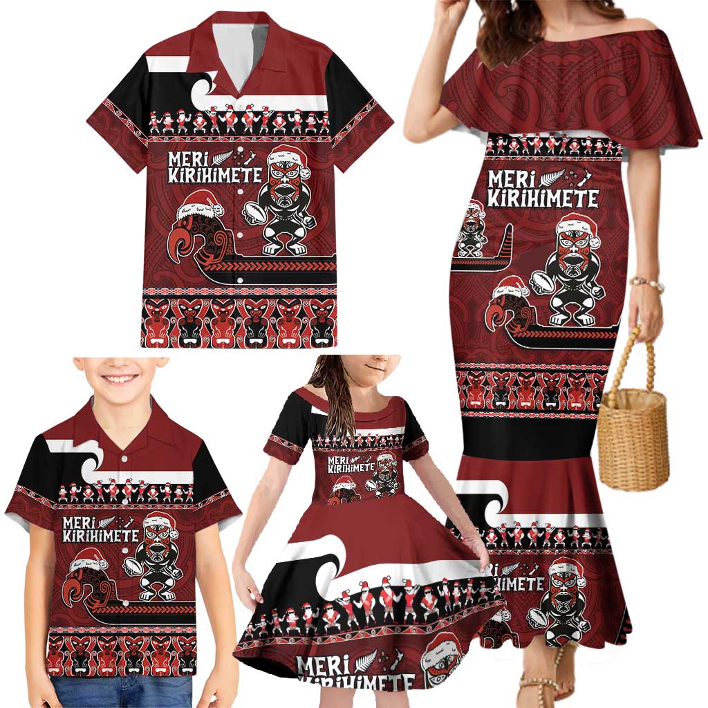 New Zealand Christmas Family Matching Mermaid Dress and Hawaiian Shirt Meri Kirihimete Aotearoa Warrior on Waka with Maori Art Tattoo LT03 - Polynesian Pride