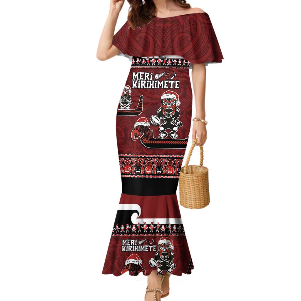 New Zealand Christmas Family Matching Mermaid Dress and Hawaiian Shirt Meri Kirihimete Aotearoa Warrior on Waka with Maori Art Tattoo LT03 Mom's Dress Red - Polynesian Pride
