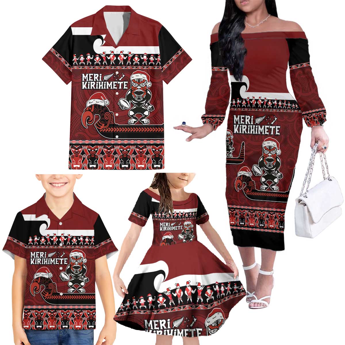 New Zealand Christmas Family Matching Off The Shoulder Long Sleeve Dress and Hawaiian Shirt Meri Kirihimete Aotearoa Warrior on Waka with Maori Art Tattoo LT03 - Polynesian Pride