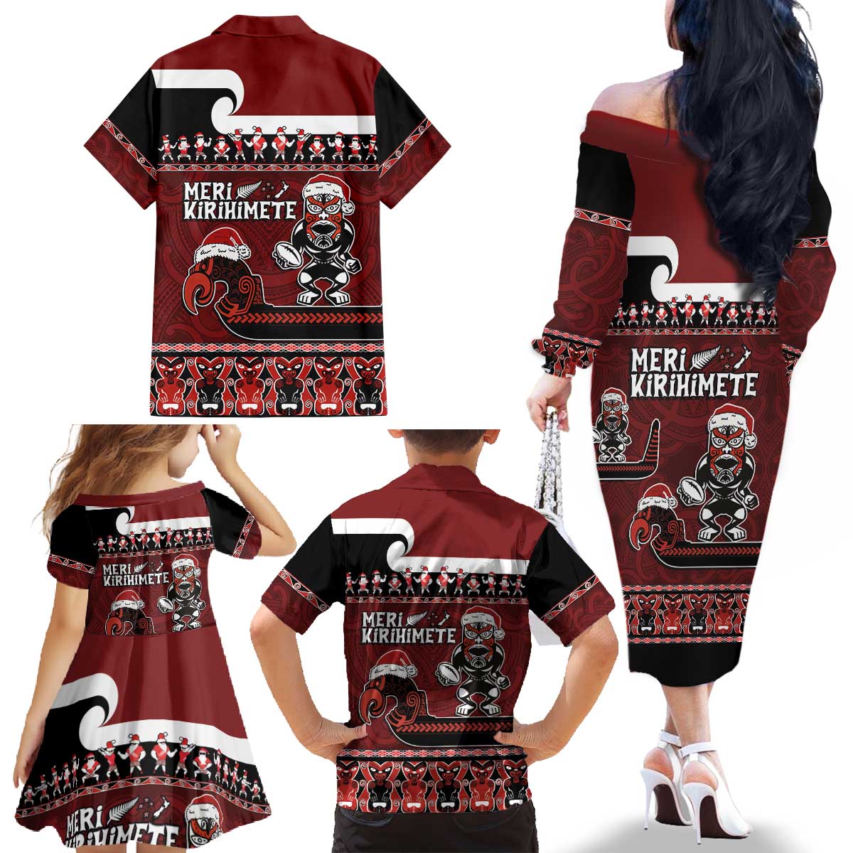 New Zealand Christmas Family Matching Off The Shoulder Long Sleeve Dress and Hawaiian Shirt Meri Kirihimete Aotearoa Warrior on Waka with Maori Art Tattoo LT03 - Polynesian Pride