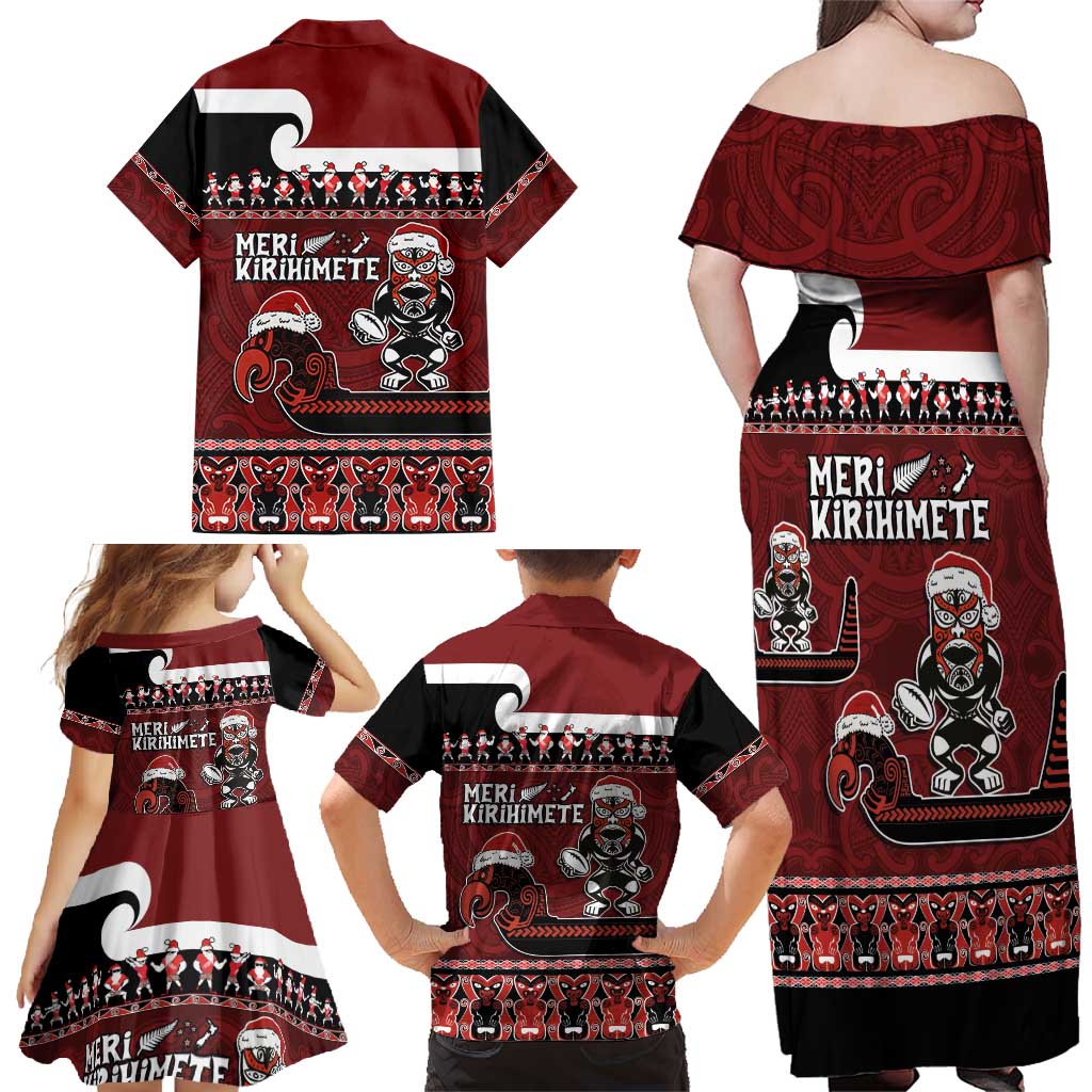 New Zealand Christmas Family Matching Off Shoulder Maxi Dress and Hawaiian Shirt Meri Kirihimete Aotearoa Warrior on Waka with Maori Art Tattoo LT03 - Polynesian Pride