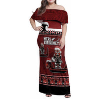 New Zealand Christmas Family Matching Off Shoulder Maxi Dress and Hawaiian Shirt Meri Kirihimete Aotearoa Warrior on Waka with Maori Art Tattoo LT03 Mom's Dress Red - Polynesian Pride
