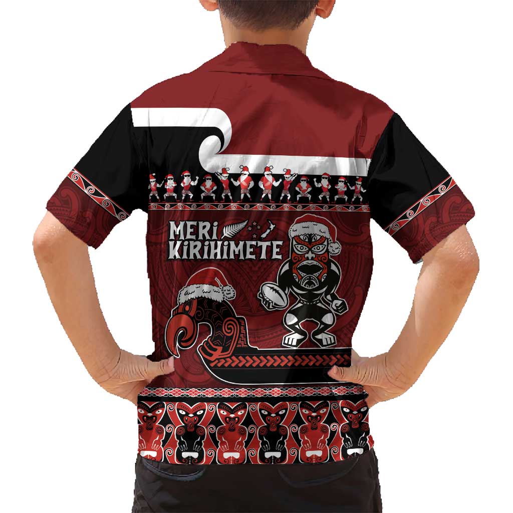 New Zealand Christmas Family Matching Off Shoulder Short Dress and Hawaiian Shirt Meri Kirihimete Aotearoa Warrior on Waka with Maori Art Tattoo LT03 - Polynesian Pride
