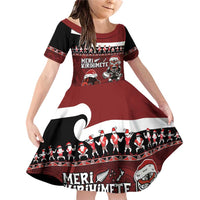 New Zealand Christmas Family Matching Off Shoulder Short Dress and Hawaiian Shirt Meri Kirihimete Aotearoa Warrior on Waka with Maori Art Tattoo LT03 Daughter's Dress Red - Polynesian Pride