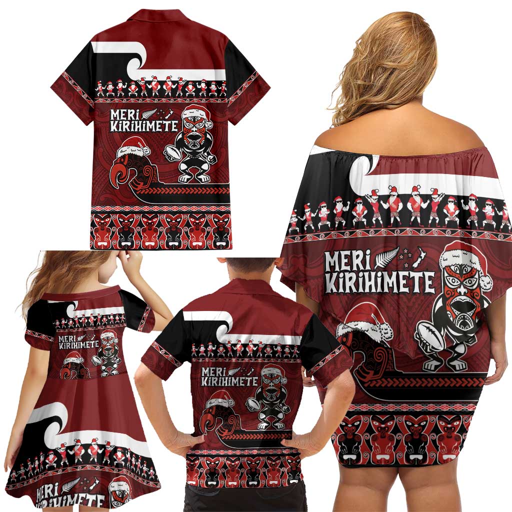 New Zealand Christmas Family Matching Off Shoulder Short Dress and Hawaiian Shirt Meri Kirihimete Aotearoa Warrior on Waka with Maori Art Tattoo LT03 - Polynesian Pride