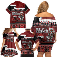 New Zealand Christmas Family Matching Off Shoulder Short Dress and Hawaiian Shirt Meri Kirihimete Aotearoa Warrior on Waka with Maori Art Tattoo LT03 - Polynesian Pride