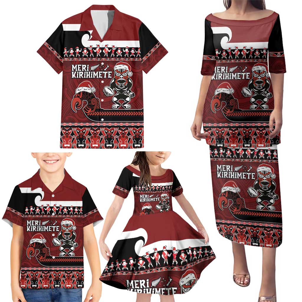 New Zealand Christmas Family Matching Puletasi and Hawaiian Shirt Meri Kirihimete Aotearoa Warrior on Waka with Maori Art Tattoo LT03 - Polynesian Pride