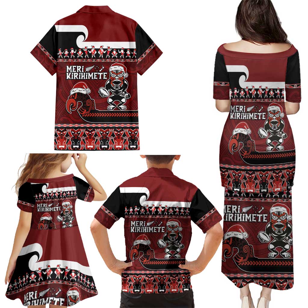 New Zealand Christmas Family Matching Puletasi and Hawaiian Shirt Meri Kirihimete Aotearoa Warrior on Waka with Maori Art Tattoo LT03 - Polynesian Pride