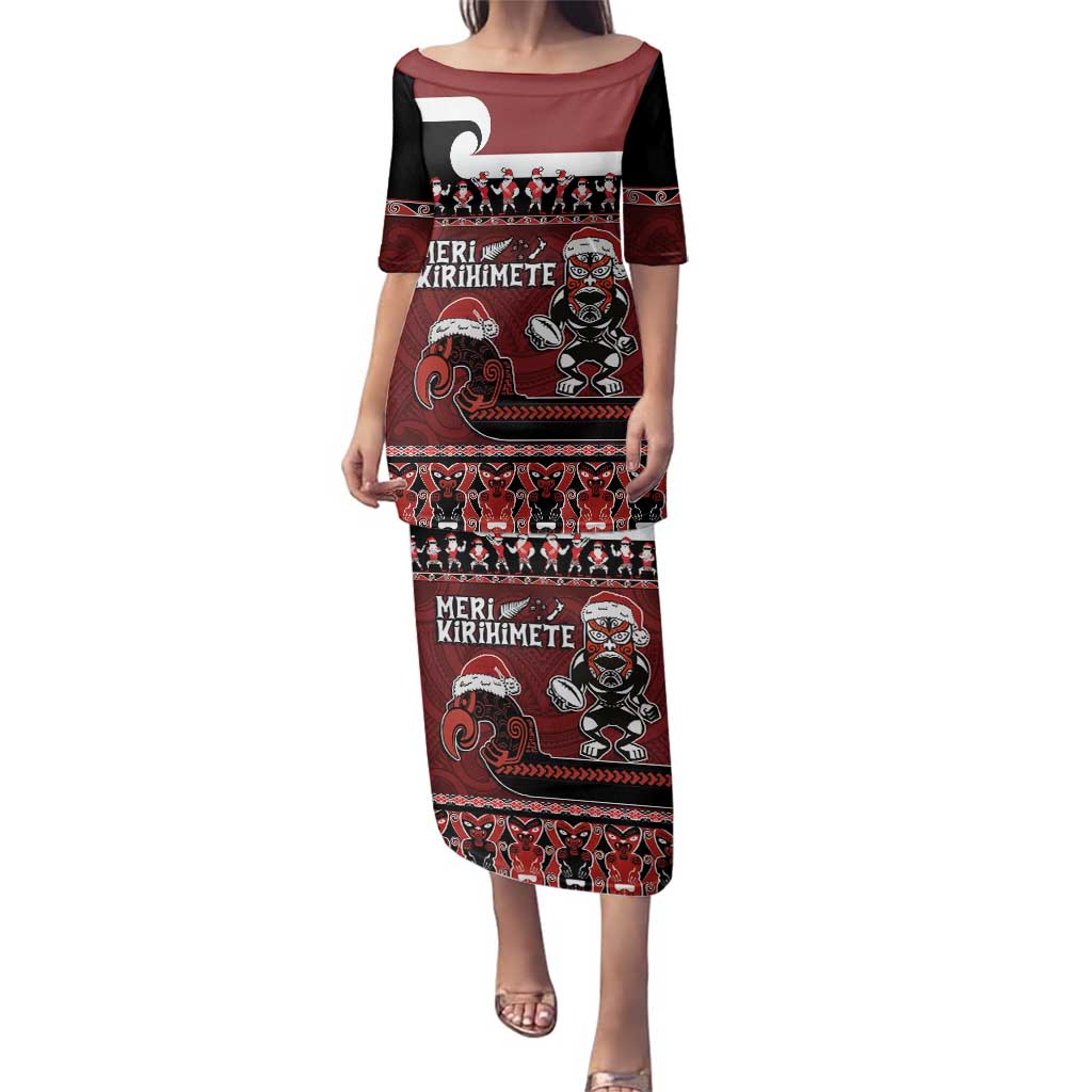 New Zealand Christmas Family Matching Puletasi and Hawaiian Shirt Meri Kirihimete Aotearoa Warrior on Waka with Maori Art Tattoo LT03 Mom's Dress Red - Polynesian Pride