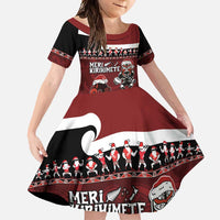 New Zealand Christmas Family Matching Short Sleeve Bodycon Dress and Hawaiian Shirt Meri Kirihimete Aotearoa Warrior on Waka with Maori Art Tattoo LT03 Daughter's Dress Red - Polynesian Pride