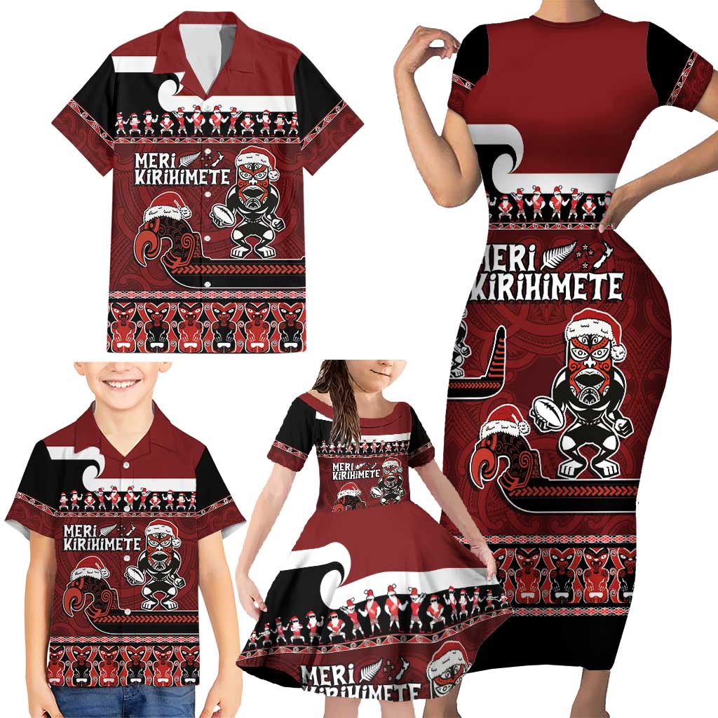 New Zealand Christmas Family Matching Short Sleeve Bodycon Dress and Hawaiian Shirt Meri Kirihimete Aotearoa Warrior on Waka with Maori Art Tattoo LT03 - Polynesian Pride