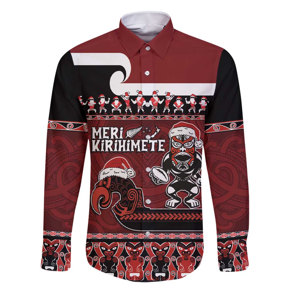 New Zealand Christmas Family Matching Short Sleeve Bodycon Dress and Hawaiian Shirt Meri Kirihimete Aotearoa Warrior on Waka with Maori Art Tattoo LT03 Dad's Shirt - Long Sleeve Red - Polynesian Pride