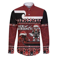 New Zealand Christmas Family Matching Short Sleeve Bodycon Dress and Hawaiian Shirt Meri Kirihimete Aotearoa Warrior on Waka with Maori Art Tattoo LT03 Dad's Shirt - Long Sleeve Red - Polynesian Pride