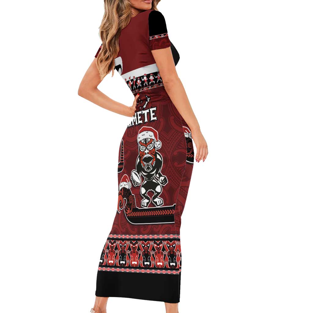 New Zealand Christmas Family Matching Short Sleeve Bodycon Dress and Hawaiian Shirt Meri Kirihimete Aotearoa Warrior on Waka with Maori Art Tattoo LT03 - Polynesian Pride