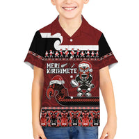 New Zealand Christmas Family Matching Short Sleeve Bodycon Dress and Hawaiian Shirt Meri Kirihimete Aotearoa Warrior on Waka with Maori Art Tattoo LT03 Son's Shirt Red - Polynesian Pride