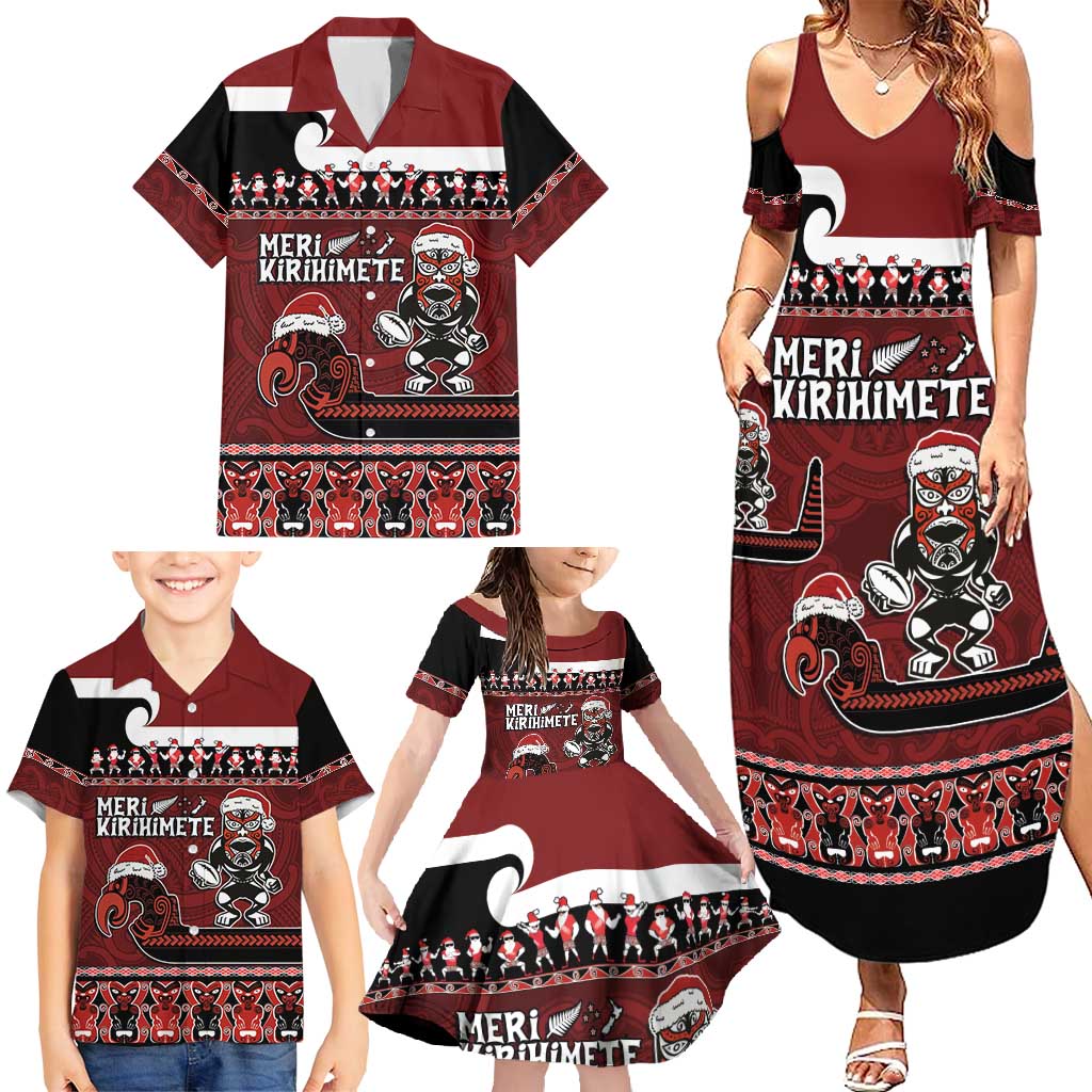 New Zealand Christmas Family Matching Summer Maxi Dress and Hawaiian Shirt Meri Kirihimete Aotearoa Warrior on Waka with Maori Art Tattoo LT03 - Polynesian Pride