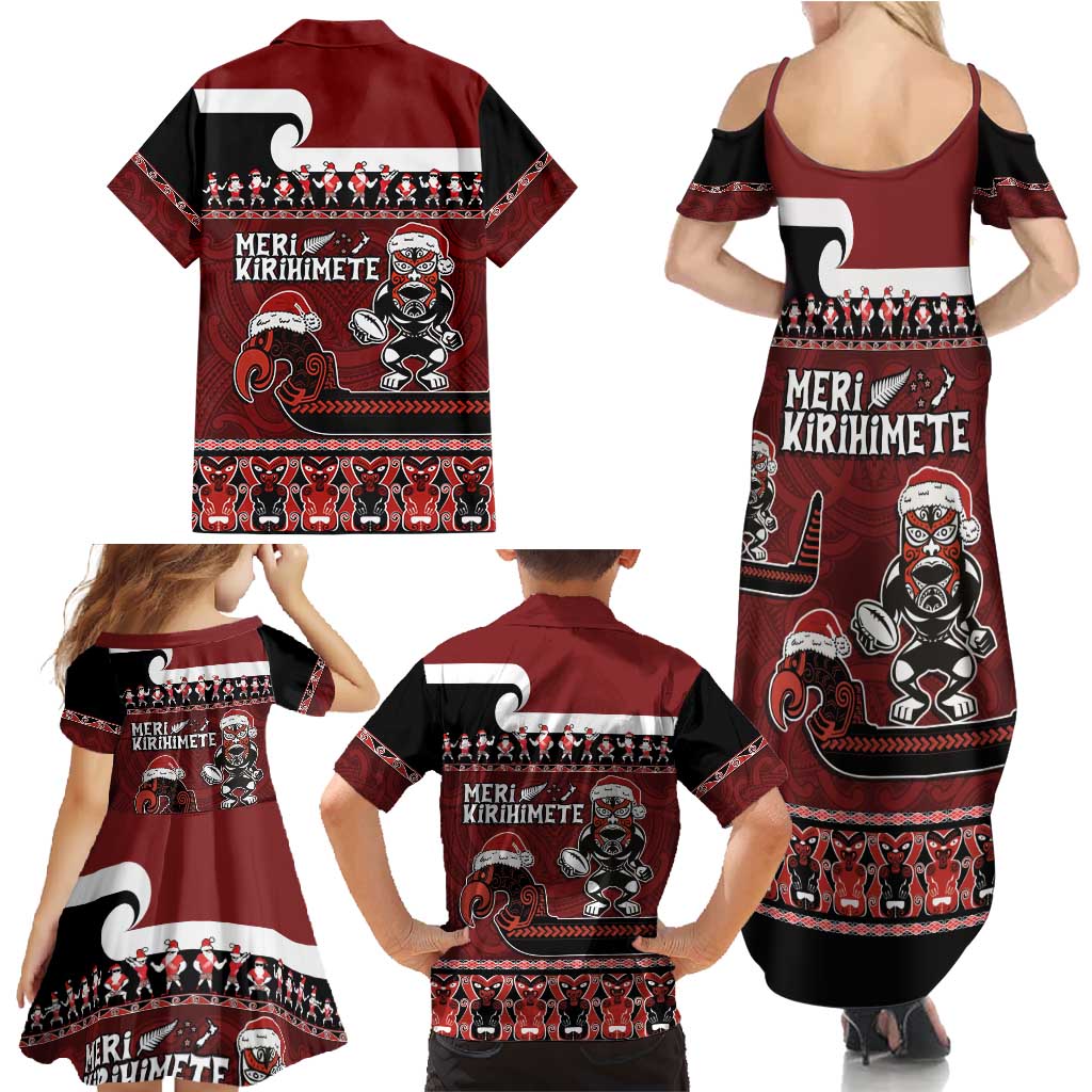 New Zealand Christmas Family Matching Summer Maxi Dress and Hawaiian Shirt Meri Kirihimete Aotearoa Warrior on Waka with Maori Art Tattoo LT03 - Polynesian Pride