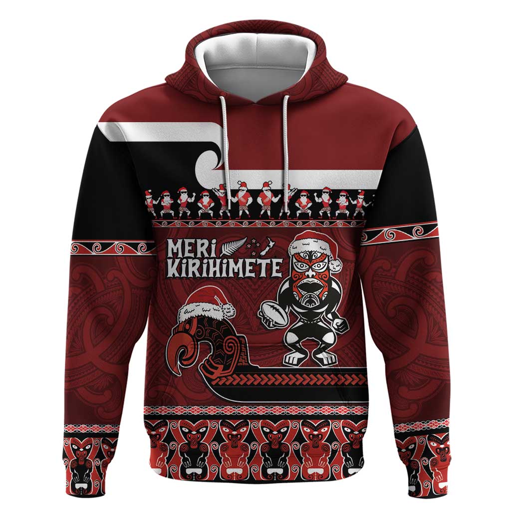 New Zealand Christmas Hoodie Meri Kirihimete Aotearoa Warrior on Waka with Maori Art Tattoo LT03 Pullover Hoodie Red - Polynesian Pride
