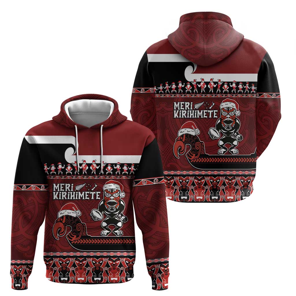 New Zealand Christmas Hoodie Meri Kirihimete Aotearoa Warrior on Waka with Maori Art Tattoo LT03 - Polynesian Pride